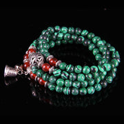 Buddha Stones Tibetan 108 Beads Malachite Red Agate Bell Protection Bracelet Mala Mala Bracelet BS 3
