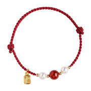 Buddha Stones 925 Sterling Silver Good Fortune Fu Character Agate Pearl Red String Braid Bracelet Bracelet BS 9