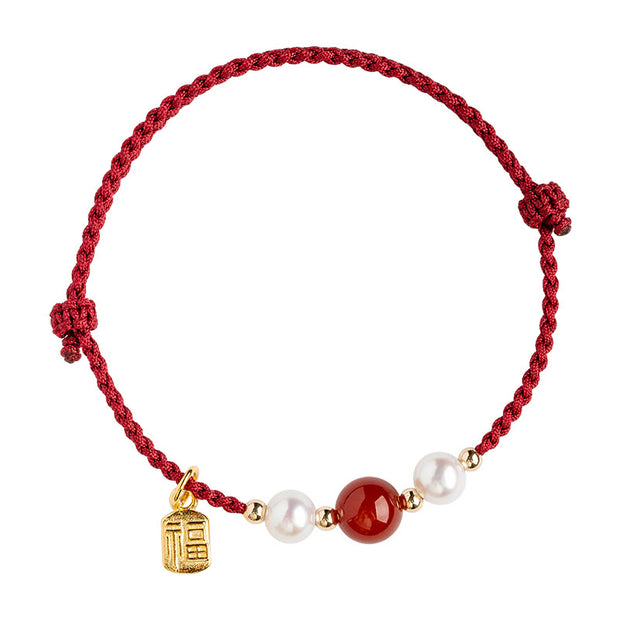 Buddha Stones 925 Sterling Silver Good Fortune Fu Character Agate Pearl Red String Braid Bracelet Bracelet BS 9