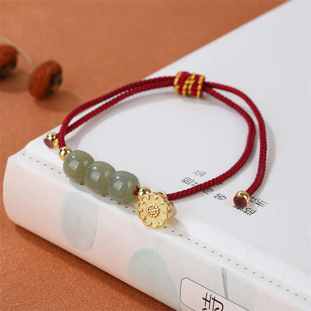 Buddha Stones Handmade Hetian Jade Bead Lotus Pod Prosperity Luck Braided Bracelet Bracelet BS Red Rope(Wrist Circumference 14-16cm)