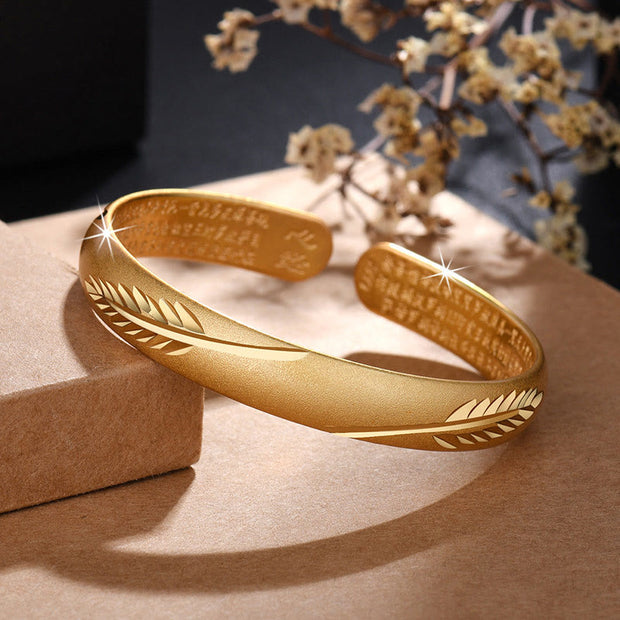Buddha Stones Feather Heart Sutra Engraved Pattern Wealth Copper Cuff Bracelet Bangle