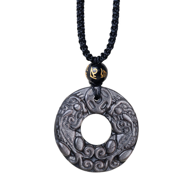Buddha Stones Natural Silver Sheen Obsidian Double PiXiu Copper Coin Peace Buckle Protection Necklace Pendant Necklaces & Pendants BS 8