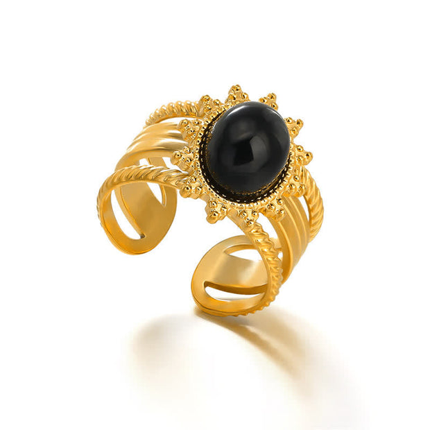 Buddha Stones 18K Gold Plated Black Obsidian Titanium Steel Strength Ring Ring BS 5
