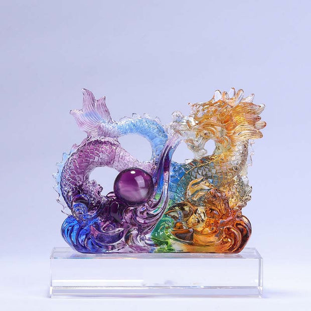 Buddha Stones Year of the Dragon Handmade Dragon Playing With Pearl Ingot Liuli Crystal Art Piece Protection Home Office Decoration Decorations BS 8
