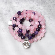 Buddha Stones Natural Rose Quartz & Amethyst Mala Bead Lotus Pendant Bracelet Bracelet BS 1
