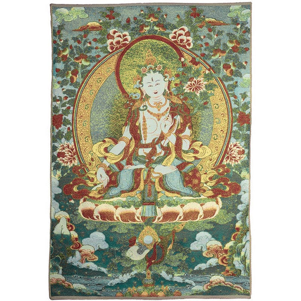 Buddha Stones Tibetan Silk Embroidery White Tara Thangka Tapestry Wall Hanging Wall Art Meditation for Home Decor