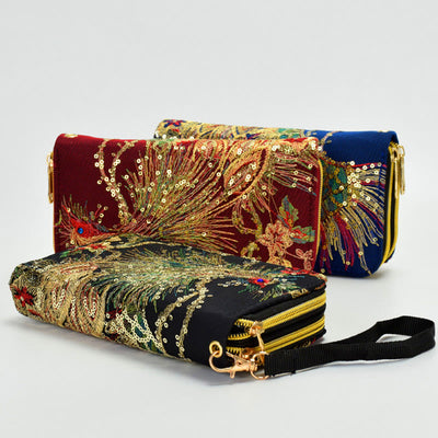 Buddha Stones Peacock Double-sided Embroidery Cash Holder Wallet Shopping Purse