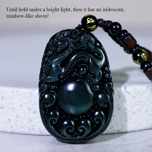 Buddha Stones Tibetan Positive Rainbow Obsidian PiXiu Necklace