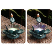 Buddha Stones Lotus Flower Leaf Frog Butterfly Pattern Healing Ceramic Incense Burner Decoration Incense Burner BS 4