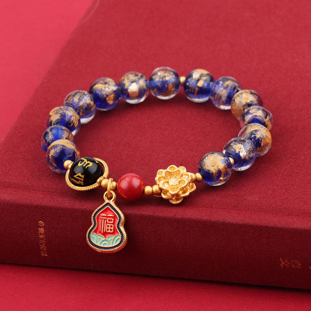 Buddha Stones Tibet Om Mani Padme Hum Fu Character Gourd Charm Lotus Liuli Glass Bead Luck Bracelet Bracelet BS 10mm Blue Liuli Glass Bracelet(Wrist Circumference 14-16cm)