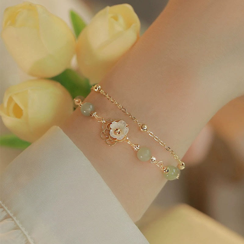 Buddha Stones 14K Gold Plated Jade Butterfly Tridacna Stone Flower
