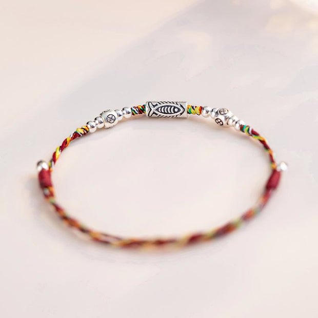 Buddha Stones 925 Sterling Silver Luck Koi Fish Braided Colorful String Bracelet Anklet Bracelet BS 3