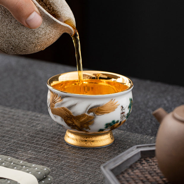 Buddha Stones Golden Eagle Auspicious Dragon Sun Ocean Waves Gilt Ceramic Teacup Kung Fu Tea Cup