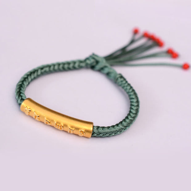 Buddha Stones 999 Sterling Silver Om Mani Padme Hum Protection Strength String Bracelet Bracelet BS 999 Sterling Silver Plated Gold Green(Bracelet Size 16+4.5cm)