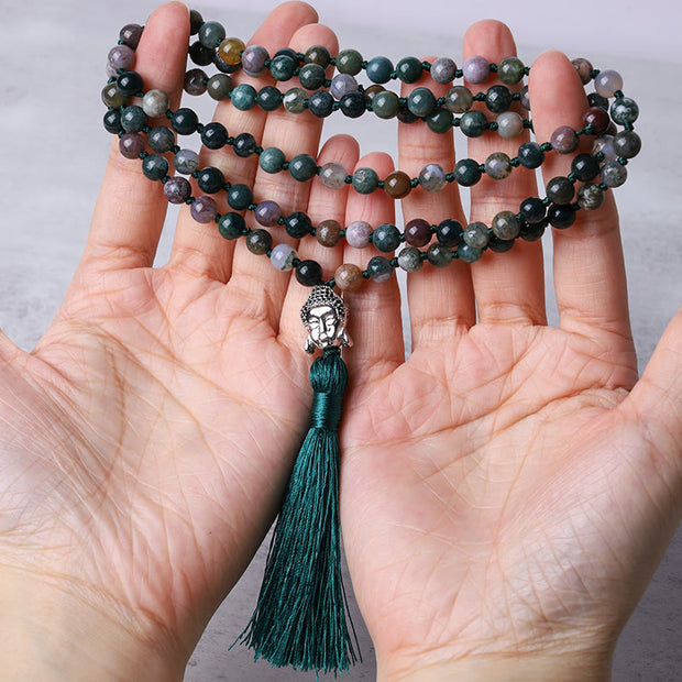 Buddha Stones 108 Mala Beads Indian Agate Buddha Head Cleansing Bracelet
