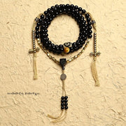 Buddha Stones Tibetan 108 Mala Beads Black Onyx Three-eyed Dzi Beads Protection Bracelet Mala Bracelet BS 10