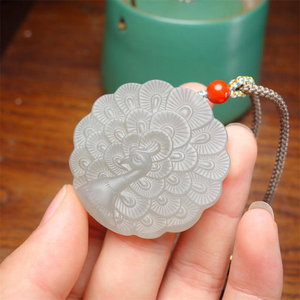 Buddha Stones White Jade Peacock Protection Blessing Necklace Pendant Necklaces & Pendants BS 3