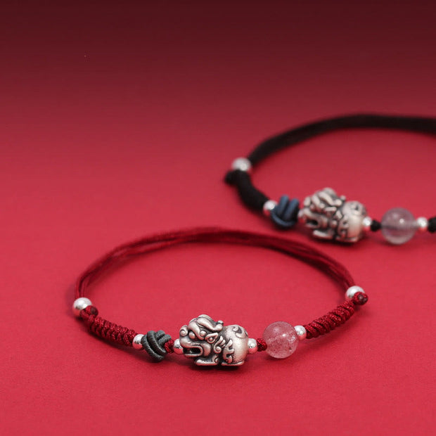 Buddha Stones 999 Sterling Silver PiXiu Strawberry Quartz Bead Wealth Luck Braided Bracelet Bracelet BS main