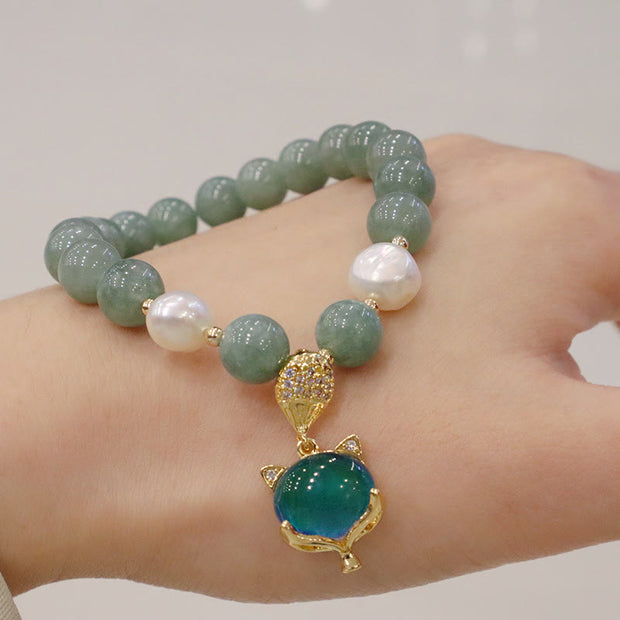 Buddha Stones Jade Pearl Color-Changing Fox Charm Luck Bracelet