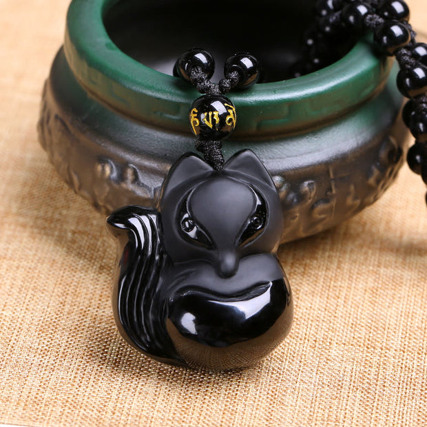 Buddha Stones Natural Black Obsidian Tiger Eye Ice Obsidian Fox Pendant Amulet Necklace Necklaces & Pendants BS 1