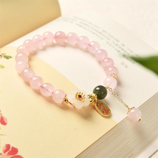 Buddha Stones Natural Pink Crystal Jade Flower Warm Love Bracelet Bracelet BS 4