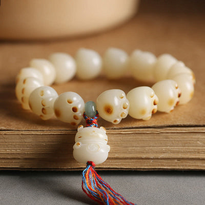 Buddha Stones Cute Lucky Cat Bodhi Seed Cat Paw Harmony Bracelet Bracelet BS Bodhi Seed Cat Paw Colorful Tassel