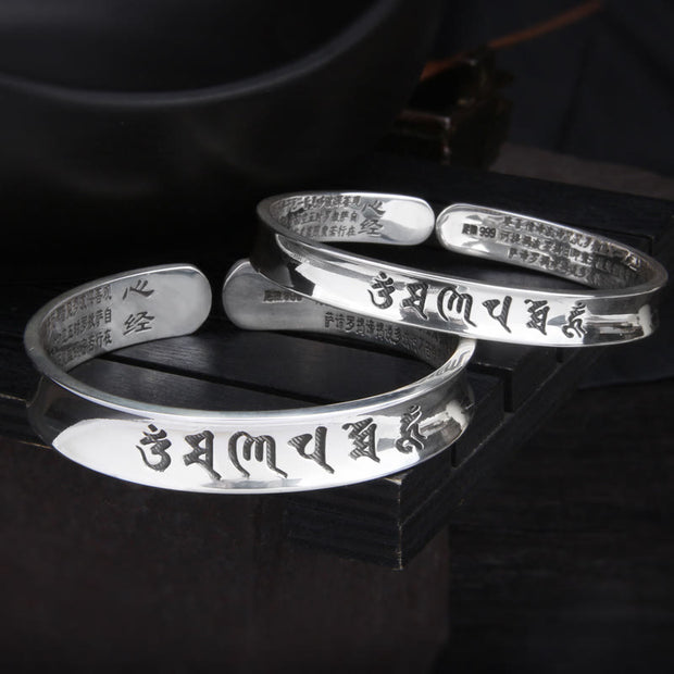 Buddha Stones 999 Sterling Silver Om Mani Padme Hum Heart Sutra Love Peace Bracelet Bangle