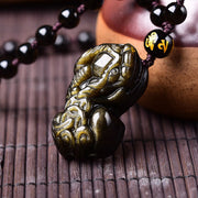 Buddha Stones FengShui Gold Sheen Obsidian PiXiu Wealth Necklace Necklace BS 1