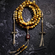 Buddha Stones 108 Mala Beads Natural Tiger Eye Copper Dorje Protection Tassel Bracelet