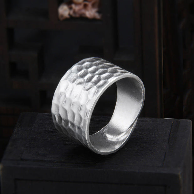 Buddha Stones Tibetan 990 Sterling Silver Handmade Rustic Hammered Pattern Ring Ring BS 1