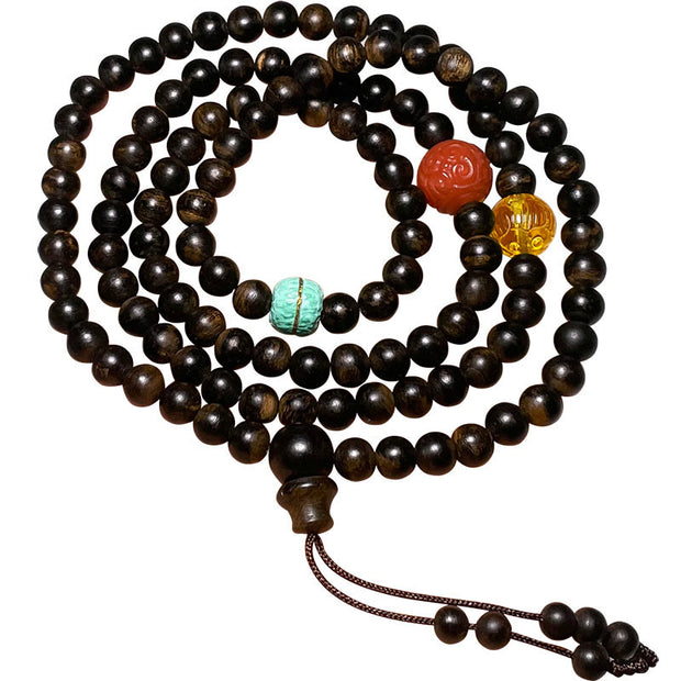 Buddha Stones Nha Trang Bai Qinan Agarwood Turquoise Amber Red Agate Strength Meditation Bracelet Bracelet BS 4