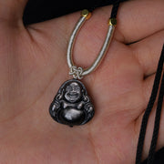 Buddha Stones Natural Silver Sheen Obsidian Laughing Buddha Protection Necklace Pendant Necklaces & Pendants BS 7