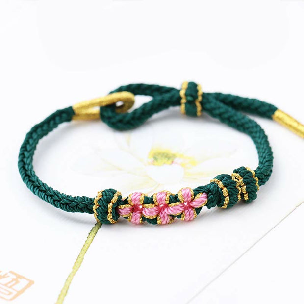 Buddha Stones Handmade Three Peach Blossoms Luck Eight Strands Braided String Bracelet Bracelet BS Dark Green(Wrist Circumference 14-19cm)