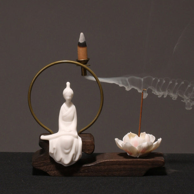 Buddha Stones Ceramic Lotus Healing Meditation Incense Burner Decoration Decorations Incense Burner BS White Zither