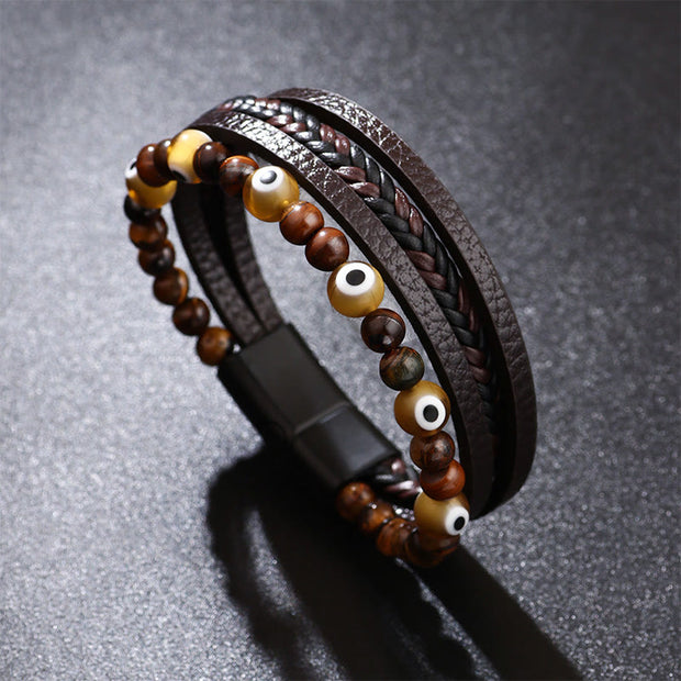 Buddha Stones Evil Eye Tiger Eye Protection Beaded Multilayered Braided Bracelet