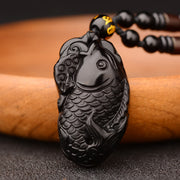 Buddha Stones Black Obsidian Koi Fish Healing Strength Beaded Necklace Pendant Necklaces & Pendants BS 5