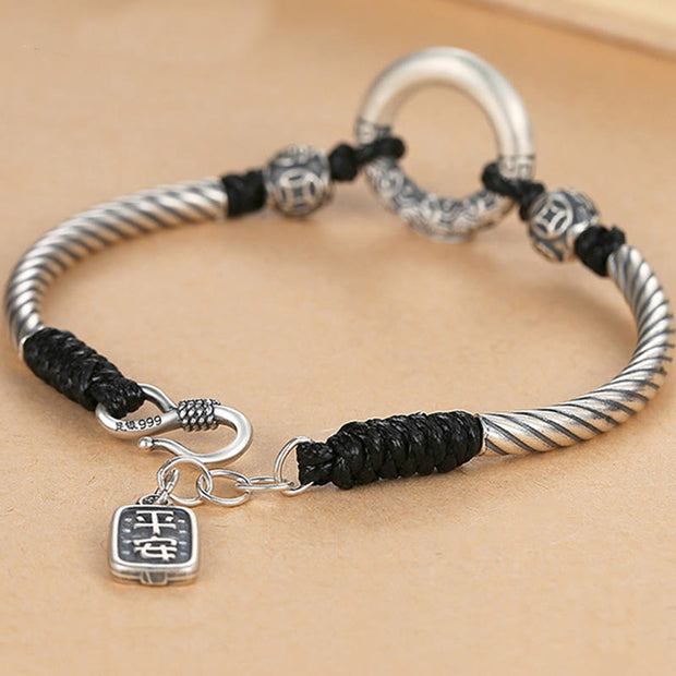 Buddha Stones 999 Sterling Silver Fu Character Peace Buckle Copper Coin Auspicious Clouds Fortune Bracelet