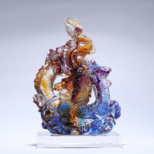 Buddha Stones Year of the Dragon Handmade Liuli Crystal Art Piece Protection Home Office Decoration With Base Decorations BS Large Colorful Dragon 20*15*28cm/7.87*5.91*11.02Inch
