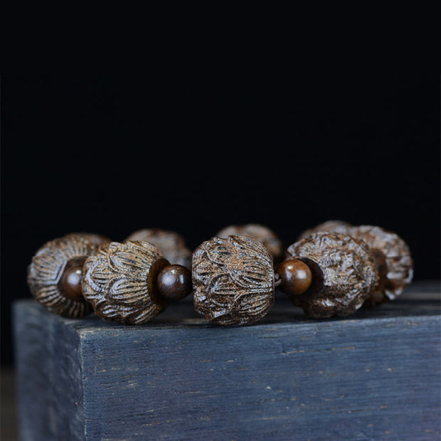 Buddha Stones Ebony Wood Eighteen Arhats Lotus Dragon Engraved Balance Bracelet Bracelet BS 6
