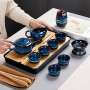 Buddha Stones Blue Gradient Color Chinese Gongfu Tea Ceramic Teapot Portable Gift Bag Box Set
