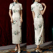 Buddha Stones Vintage Lotus Magnolia Peony Flower Pattern Cheongsam Dress Women's Qipao Dress