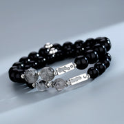Buddha Stones 2pcs 925 Sterling Silver Obsidian Strength Magnetic Couple Bracelet