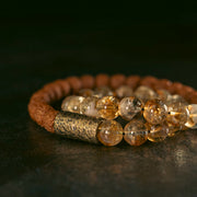 Buddha Stones Natural Citrine Crystal Rudraksha Bodhi Seed Brass Bead Prosperity Double Wrap Bracelet