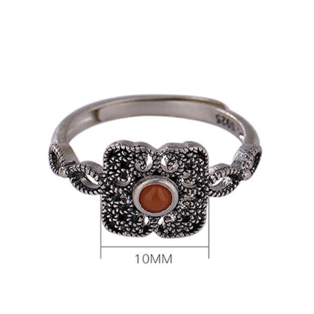 Buddha Stones 925 Sterling Silver Square Red Agate Self-acceptance Ring