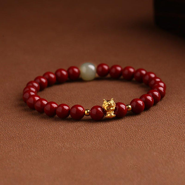 Buddha Stones 999 Gold Year of the Dragon Natural Cinnabar Jade Copper Coin Fu Character Blessing Bracelet Bracelet BS 6mm Cinnabar(Wrist Circumference 14-16cm) Dragon Fu Character