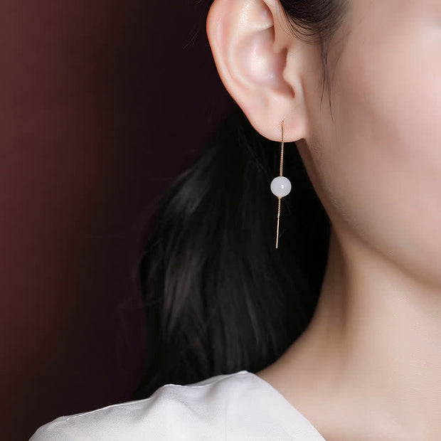 Buddha Stones 925 Sterling Silver White Jade Beaded Happiness Drop Earrings Earrings BS 2