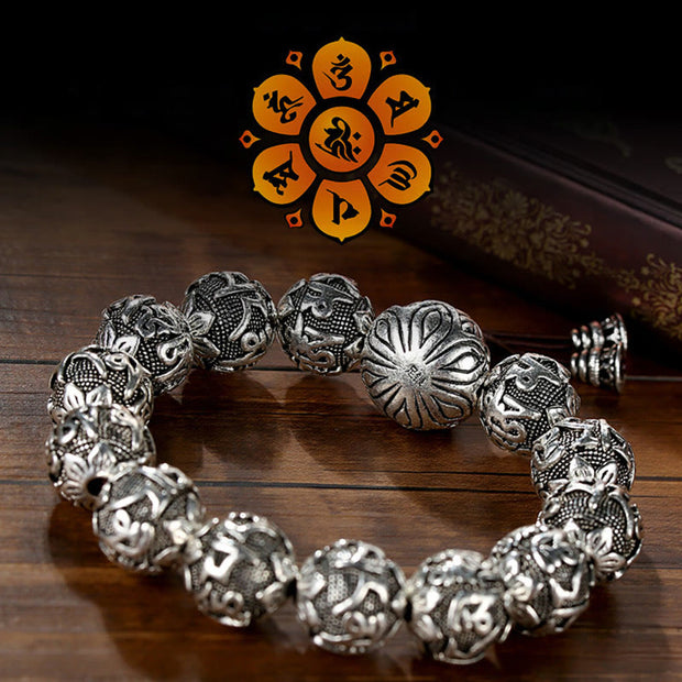Buddha Stones Tibetan Om Mani Padme Hum Carved Alloy Beads Amulet Bracelet Bracelet BS 4