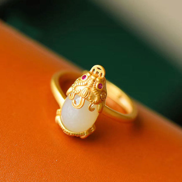 Buddha Stones 18k Gold-plated Pixiu Jade Wealth Ring Rings BS White Jade