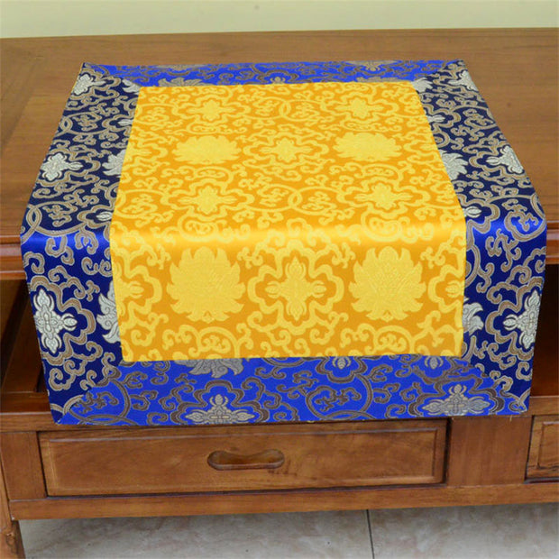 Buddha Stones Brocade Prayer Altar Flower Vajra Dragon Pattern Auspicious Symbols Table Runner Prayer Altar BS Blue&Yellow Flower 70*70cm