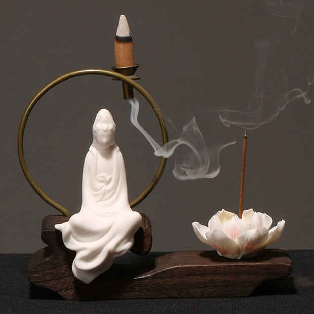 Buddha Stones Ceramic Lotus Healing Meditation Incense Burner Decoration Decorations Incense Burner BS White Avalokitesvara